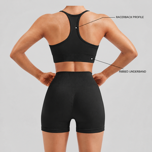 Conjunto Deportivo de 2 Piezas para Mujer, Sujetador Deportivo Racerback, Pantalones Cortos de Cintura Alta, Color Negro Sólido, Sin Costuras, Elástico en 4 Direcciones, Conjuntos de Yoga - Product Image 4