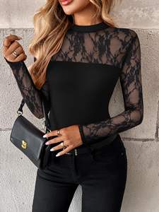 <span class=keywords><strong>Blusa</strong></span> de Mujer <span class=keywords><strong>con</strong></span> Estampado Floral y de Leopardo, OEM y ODM, <span class=keywords><strong>con</strong></span> Malla <span class=keywords><strong>Transparente</strong></span>, Encaje Sexy Bordado, Cuello Alto Simulado, Camiseta Interior <span class=keywords><strong>Negra</strong></span> - Product Image 5