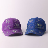 Casquette de baseball papillon à strass thermocollés, mignonne et scintillante, à visière incurvée, réglable, pour filles, vente en gros OEM