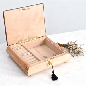 Scatola Portagioie Vintage in Legno a Forma di Violino Inciso - Custodia di Lusso Rivestita in Velluto Beige con Serratura (Ingrosso/OEM) - Product Image 1