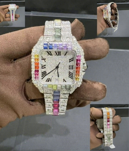 Iced VVS Colorful Two-Tone Gold Moissanite <b>Diamond</b> Chronograph <b>Watch</b> Square Case Dial Stainless Steel Glass Bracelet 10 Bar - Product Image 1