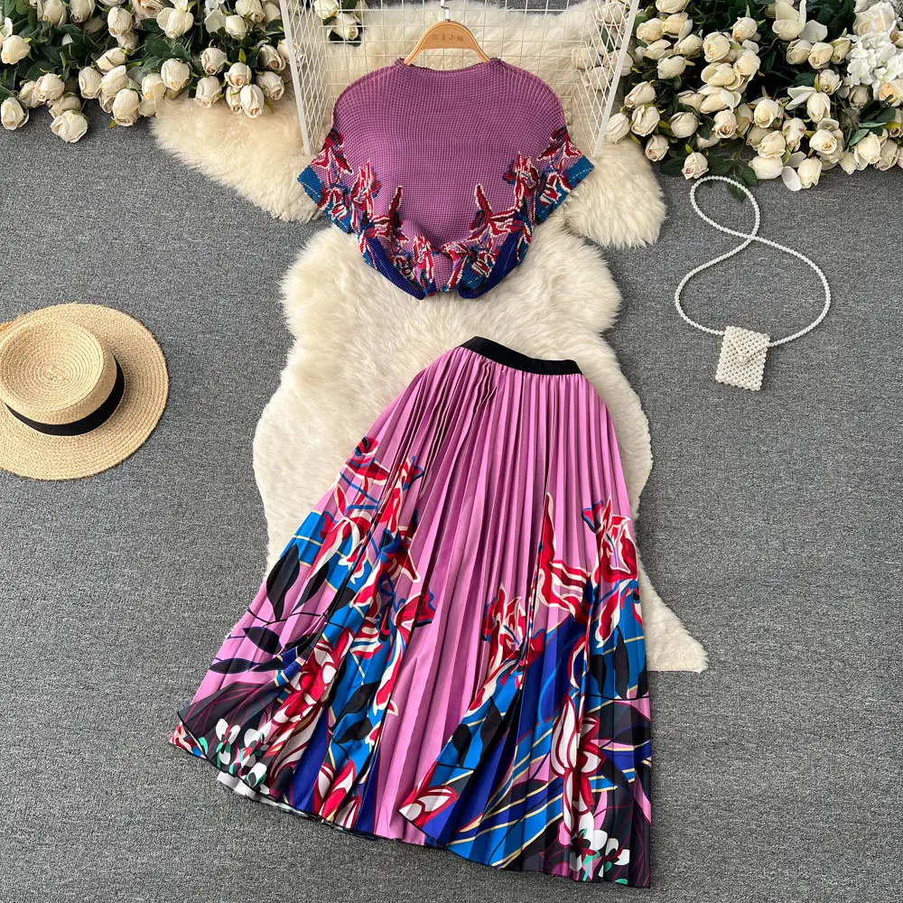 Summer fashion printed floral pleated skirt set lady 2 piece long skirt and crop top set women clothing for women