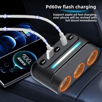 Chargeur de voiture 12-24V avec adaptateur de cigarette 3 voies 1 voiture interrupteur indépendant lumières colorées Port USB TYPE C