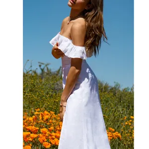 Gaun Linen Panjang Boho Wanita, Lipatan Putih Kerut dari Bahu Celah Tinggi