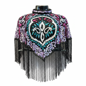 Blouse cape vintage de créateur, sur mesure, broderie à la main, franges, décoration à sequins, grande taille, saison hiver, automne, printemps - Product Image 1