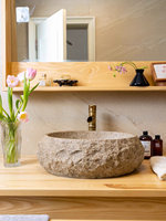 Vente en gros de lavabo sur mesure en pierre artificielle beige travertin, grand lavabo pour salle de bain extérieure