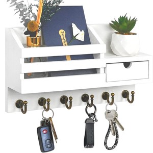 Wooden Wall Mounted Key And Letter Holder With <b>6</b> Hooks Storage <b>Drawer</b> Key Rack Entryway Home Decor - Product Image 3