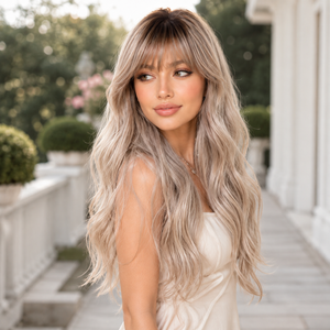Perruque longue ondulée effet vague d'eau, avec <span class=keywords><strong>frange</strong></span> réglable, racine foncée, beige cendré, <span class=keywords><strong>blonde</strong></span>, en fibre haute température, aspect naturel, directement de l'usine - Product Image 6