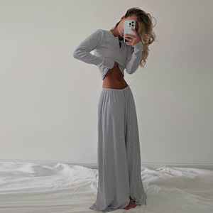 Conjunto de Dos Piezas de Ropa Informal para Mujer, Pantalones de Punto Acanalado con Cordón, Color Sólido, Corte Holgado, Cierre con Lazo Frontal, Casual, Ecológico, Transpirable - Product Image 3