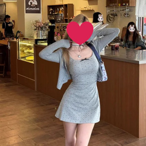Qizhuang Spicy Suspender Dress Gray Polka Dots Tight Waist Spaghetti Strap Backless Mini Skirt Casual Wear - Product Image 1