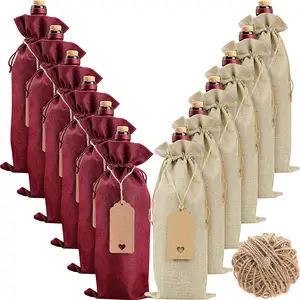 Недорогой льняной джутовый мешок на шнурке, Подарочный мешок для вина, 12 упаковок с биркой, сумка для винных бутылок, мешочные подарочные пакеты для вина
