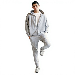 Ensemble de survêtement gris à capuche pour homme, fermeture éclair intégrale, coupe ample, sweat-shirt et pantalon en coton, tenue décontractée d'automne, couleur unie, poches latérales - Product Image 1
