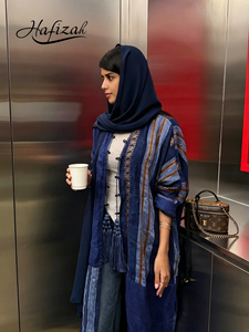 Hafizah Blauwe Open Abaya Chinese Knoop Kwast Detail Dubai Moslima Vrouwen Casual Losse Bescheiden Lange <span class=keywords><strong>Cardigan</strong></span> Met Hijab Groothandel - Product Image 1