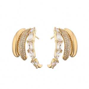 ต่างหูแบบติดหูทรงเรขาคณิตทันสมัย ดีไซน์เฉพาะตัว ประดับด้วยทองเหลืองหลายชั้นฝังเพชรซิคอน - Product Image 4