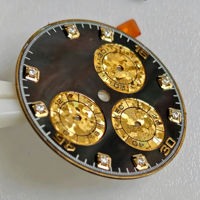 Cadran de montre chronographe Tahitian Black MOP, sous-cadrans à 3 aiguilles avec confettis en flocons dorés, index des heures en diamant rond, compatible avec les mouvements 4130 4131