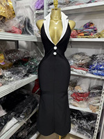 Robe de soirée élégante noire à bandage, col en V profond, revers de smoking blanc, coupe moulante, design personnalisé, fabricant