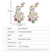 Boucles d'oreilles clous en argent 925 avec zircons, motif paon, pour femmes