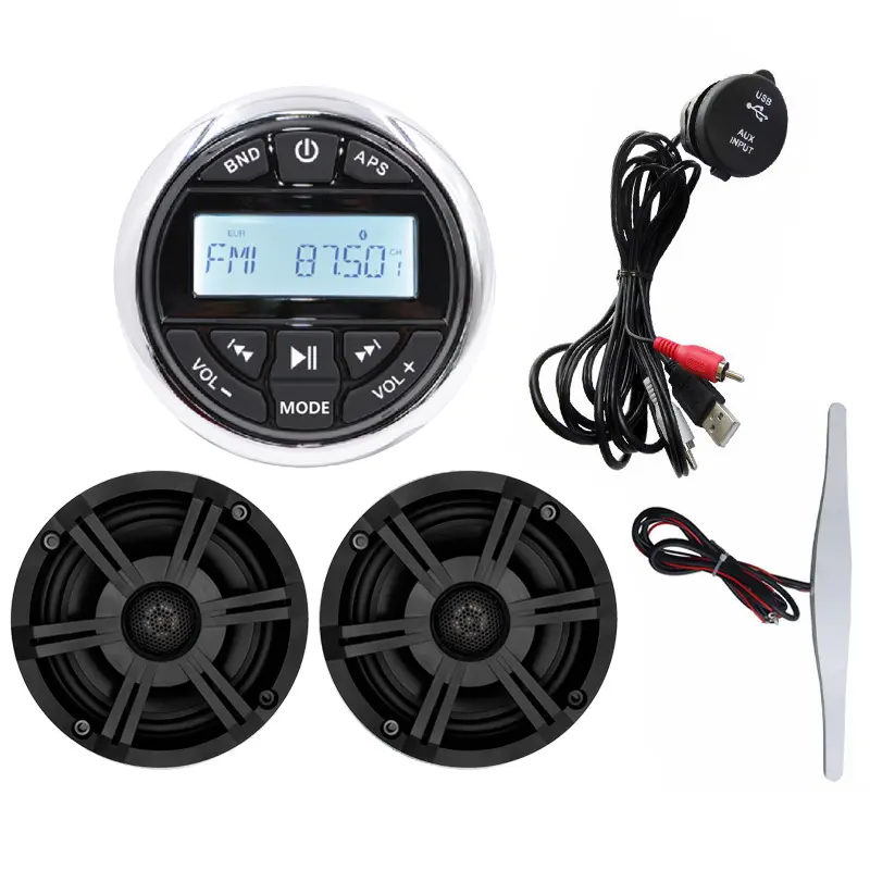 Marine Audio Package Gauge Stereo BT Motorcycle Radio 6.5'' Marine Speakers and Antenna USB cable