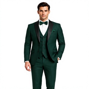 Costume de mariage trois pièces vert pour homme de haute qualité, coupe ajustée, blazer à revers noir, gilet et pantalon, tenue formelle pour banquets et soirées - Product Image 1