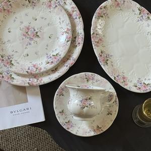 New French pink rose flower embossed ceramic cups, <b>plates</b>, bowls, pedestals, Western-style dessert storage, home presentation - Product Image 3