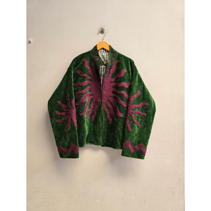 Green <b>Velvet</b> <b>Women's</b> Zip <b>Jacket</b> With Stand Collar And Purple Embroidered Sun Pattern - Product Image 1