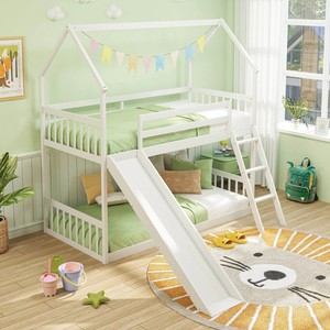 Litera de madera de pino blanco de Casa doble <span class=keywords><strong>LOFT</strong></span> moderna del fabricante con tobogán Litera baja de madera maciza para niños - Product Image 4