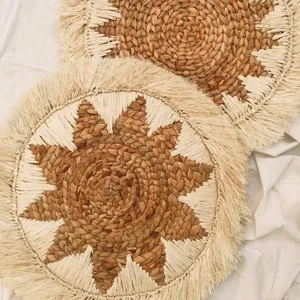 Boho Sagrass duvar sepeti saçak doğal duvar dekor ev sanat hasır yuvarlak Placemats ile servis örtüsü