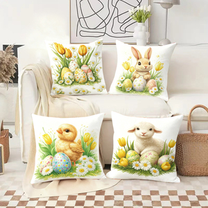 Bahar dekorasyonu için renkli yumurtalar, tavşan, civciv, kuzu ve lale desenli Paskalya süs yastıkları - Product Image 2