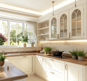Ensemble <span class=keywords><strong>d</strong></span>'armoires de cuisine blanches personnalisées | Meuble de rangement en <span class=keywords><strong>verre</strong></span> arqué et poignées en laiton, en MDF/contreplaqué |   Prêt à assembler pour les appartements américains - Product Image 1