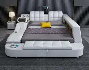 KEHUI cama queen size con plataforma de esquina de la dinastía de teca redonda tapizada en madera de roble blanco de almacenamiento de TV grande y profundo cama inteligente queen