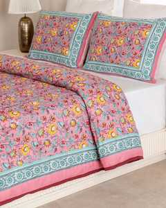 Pink Floral Cotton <b>Quilt</b> Hand Block Printed Reversible Bedspread Farmhouse <b>Bedding</b> Indian <b>Quilt</b> - Product Image 1