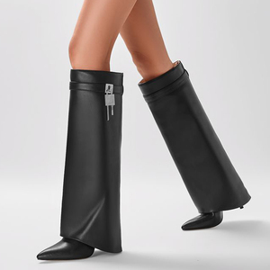 Metal Lock Thin High Heels <b>Pointed</b> Toe Overlay Shoes Dress Stiletto Pants Boots Women's Folded Over Knee High Booties - Product Image 3