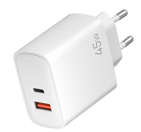 Chargeur portable mini pour ordinateur portable, prise standard européenne blanche, double port 45W PD QC, chargeur de voyage Type-C + USB-A compact