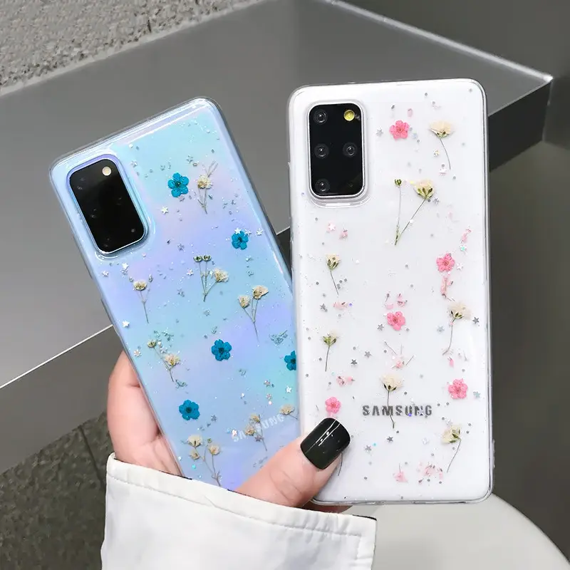 Glitter Clear Real Dried Flowers Case For Samsung S23 Plus S22Ultra S10E A72 A52 A42 A32 A12 A21 A20S A91 A81 A90 A80 Soft Cover