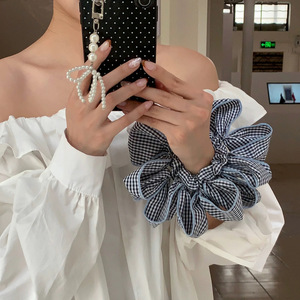 Chouchous à nœud pied-de-poule bleu et blanc, grands élastiques à <span class=keywords><strong>cheveux</strong></span> surdimensionnés pour femmes, accessoires capillaires doux de style coréen, bandeaux pour <span class=keywords><strong>cheveux</strong></span> - Product Image 3