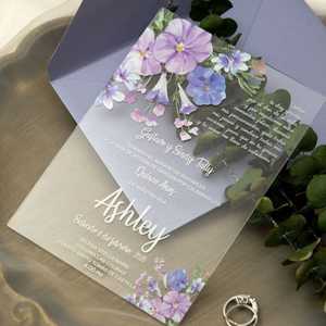 การ์ดเชิญงานแต่งงานอะคริลิครูปดอกไม้สีม่วงใสสง่างามเรียบง่ายพร้อมซองสำหรับ<span class=keywords><strong>คน</strong></span>สมัยใหม่งานเลี้ยงวินาศกรรม - Product Image 2