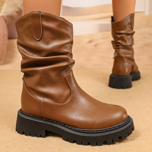 Botines holgados a media pantorrilla, <span class=keywords><strong>botas</strong></span> estilo <span class=keywords><strong>Dr</strong></span>. <span class=keywords><strong>Martens</strong></span> <span class=keywords><strong>de</strong></span> estilo occidental para <span class=keywords><strong>mujer</strong></span>, <span class=keywords><strong>botas</strong></span> chelsea plisadas con punta redonda, talla grande - Product Image 1