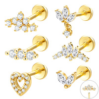 Boucles d'oreilles plates étanches en acier inoxydable 316 Gaby avec zircon pour piercing de cartilage et hélix