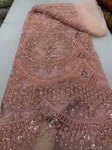 Tessuto in Pizzo Africano di Alta Qualità con Perle e Paillettes, Motivo a Coda di Fenice, 5 Iarde, per Matrimoni e Feste Aso Ebi - Product Image 4
