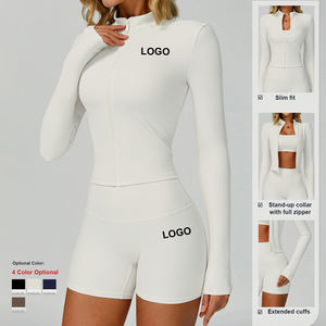 Manteau de yoga côtelé à col montant et coupe ajustée pour l'extérieur, <span class=keywords><strong>haut</strong></span> coupe-vent, veste de gymnastique à manches longues pour femmes, de sport et de fitness. - Product Image 3