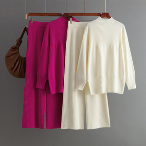 Conjunto de suéter de punto de dos piezas estilo callejero para mujer, de manga larga Top holgado, cuello alto, pantalones de pierna ancha, primavera invierno - Product Image 1