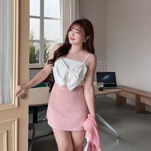 รันฉี N8612 กระโปรงมินิทรงเอเอวสูงสีทึบผ้าฝ้ายผู้หญิงสีชมพูสีดำดีไซน์ซิป - Product Image 1