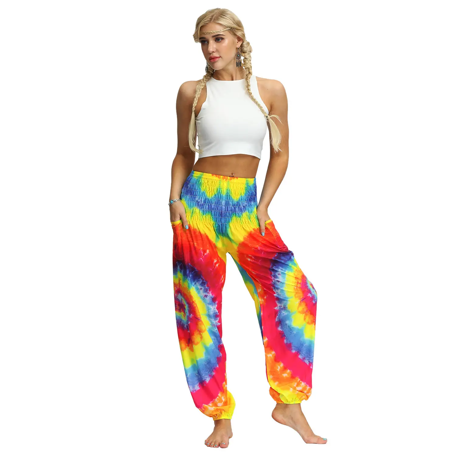 Tie-Dye Cetak Digital Yoga Kesalahan Besar Celana Wanita Cetak Red Pinggang Boho Celana Harem Kasual Musim Panas Pantai Boho hippie Bohemian P
