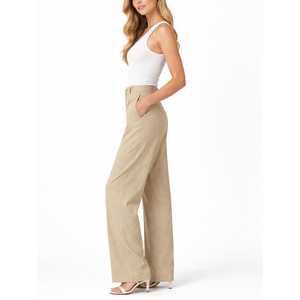 Pantalons longs en lin et coton mélangé <span class=keywords><strong>pour</strong></span> femmes, taille haute, décontractés, respirants, sur mesure, vente en gros, OEM, jambes droites, pantalons <span class=keywords><strong>de</strong></span> costume - Product Image 2