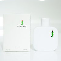 Parfum féminin en flacon opaque blanc avec logo hippocampe vert, boîte zigzag arrondie, pur, propre, persistant, pour tous les jours