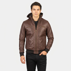 Veste en cuir marron à capuche pour homme, style bomber, fermeture éclair intégrale, vêtement d'extérieur décontracté, manteau en cuir véritable chaud pour l'hiver, vêtements pour homme, vestes à capuche - Product Image 1