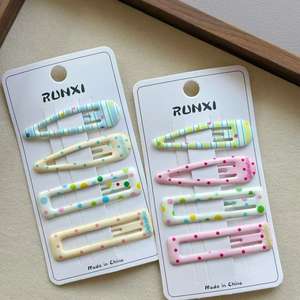 일본 및 한국 미니멀리스트 스타일 소녀 및 어린이 귀여운 헤어 액세서리 꽃무늬와 컬러풀한 물방울 무늬 헤어 클립 - Product Image 4