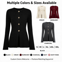Pull en tricot à manches longues pour femme, style coréen, coupe ajustée, élégant, automne, uni, décontracté, boutonné, OEM ODM personnalisé