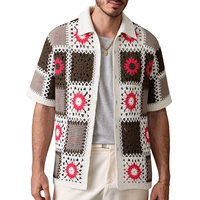 Polo Homme Tricoté Jacquard Respirant à Fleurs Creuses Vintage pour l'Été