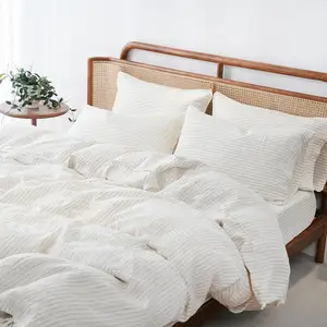 100%Pure Linen Bedding Sets Stone Washed Linen Bed Sheet 175gsm Yarn Dyed Stripe Linen Duvet Cover